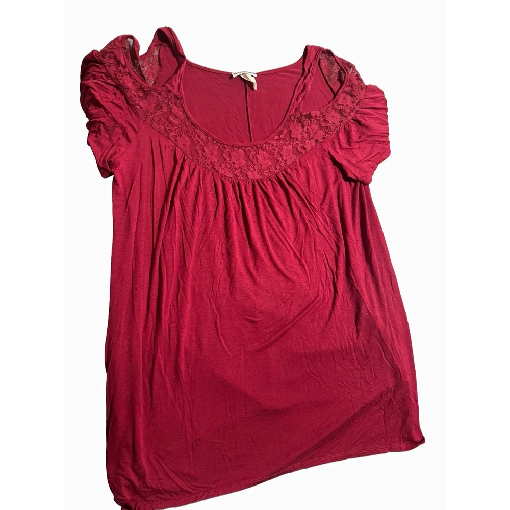 Canari 2X Red Burgundy Lace Trim Short Sleeve Top Soft Knit Made in USA